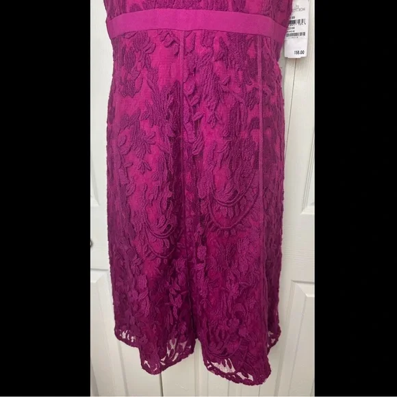 New ADRIANNA PAPELL Illusion Inset Fit Flare Dress Crushed Berry Purple Magenta - Picture 6 of 11